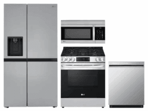LG LGRERADWMW3979  4 Piece Kitchen Appliances Package with Side-by-Side Refrigerator, Gas Range, Dishwasher and Over the Range Microwave in Stainless Steel