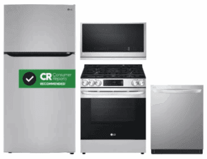 LG LGRERADWMW3975  4 Piece Kitchen Appliances Package with Top Freezer Refrigerator, Gas Range, Dishwasher and Over the Range Microwave in Stainless Steel