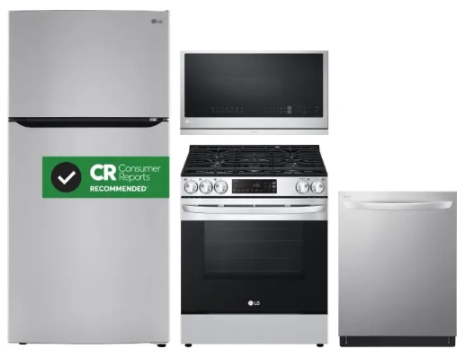 LG LGRERADWMW3975 4 Piece Kitchen Appliances Package with Top Freezer Refrigerator, Gas Range, Dishwasher and Over the Range Microwave in Stainless Steel