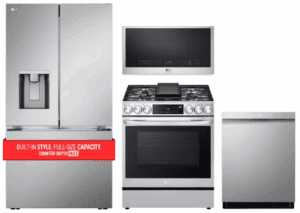 LG LGRERADWMW12527  4 Piece Kitchen Appliances Package with French Door Refrigerator, Gas Range, Dishwasher and Over the Range Microwave in Stainless Steel