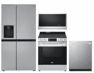 LG LGRERADWMW3891  4 Piece Kitchen Appliances Package with Side-by-Side Refrigerator, Electric Range, Dishwasher and Over the Range Microwave in Stainless Steel