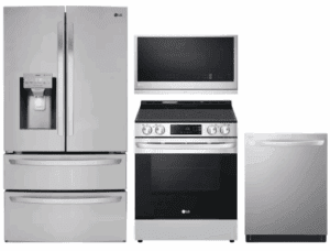 LG LGRERADWMW3885  4 Piece Kitchen Appliances Package with French Door Refrigerator, Electric Range, Dishwasher and Over the Range Microwave in Stainless Steel