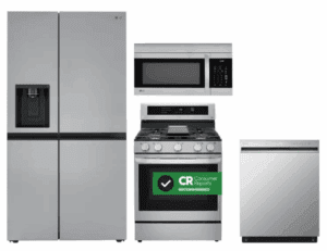 LG LGRERADWMW3799  4 Piece Kitchen Appliances Package with Side-by-Side Refrigerator, Gas Range, Dishwasher and Over the Range Microwave in Stainless Steel