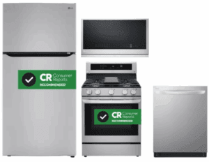 LG LGRERADWMW3795  4 Piece Kitchen Appliances Package with Top Freezer Refrigerator, Gas Range, Dishwasher and Over the Range Microwave in Stainless Steel