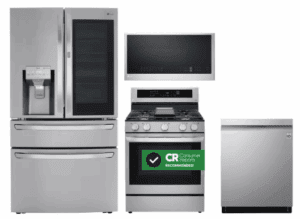 LG  LGRERADWMW3791  4 Piece Kitchen Appliances Package with French Door Refrigerator, Gas Range, Dishwasher and Over the Range Microwave in Stainless Steel
