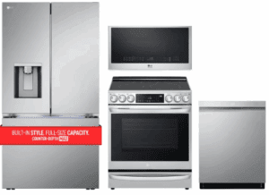 LG LGRERADWMW12525  4 Piece Kitchen Appliances Package with French Door Refrigerator, Electric Range, Dishwasher and Over the Range Microwave in Stainless Steel