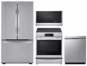 LG LGRERADWMW21224  4 Piece Kitchen Appliances Package with French Door Refrigerator, Electric Range, Dishwasher and Over the Range Microwave in Stainless Steel
