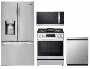 LG  LGRERADWMW21222  4 Piece Kitchen Appliances Package with French Door Refrigerator, Gas Range, Dishwasher and Over the Range Microwave in Stainless Steel