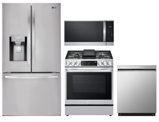 LG LGRERADWMW21222 4 Piece Kitchen Appliances Package with French Door Refrigerator, Gas Range, Dishwasher and Over the Range Microwave in Stainless Steel