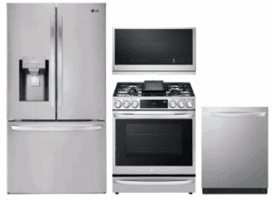 LG LGRERADWMW21217  4 Piece Kitchen Appliances Package with French Door Refrigerator, Gas Range, Dishwasher and Over the Range Microwave in Stainless Steel