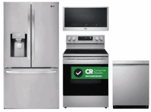 LG LGRERADWMW12524  4 Piece Kitchen Appliances Package with French Door Refrigerator, Electric Range, Dishwasher and Over the Range Microwave in Stainless Steel