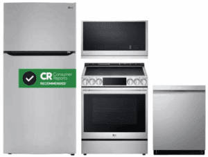 LG LGRERADWMW21127  4 Piece Kitchen Appliances Package with Top Freezer Refrigerator, Induction Range, Dishwasher and Over the Range Microwave in Stainless Steel