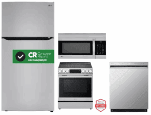 LG  LGRERADWMW21320  4 Piece Kitchen Appliances Package with Top Freezer Refrigerator, Induction Range, Dishwasher and Over the Range Microwave in Stainless Steel