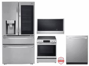 LG LGRERADWMW21319  4 Piece Kitchen Appliances Package with French Door Refrigerator, Induction Range, Dishwasher and Over the Range Microwave in Stainless Steel