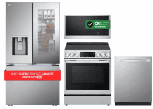 LG LGRERADWMW12521  4 Piece Kitchen Appliances Package with French Door Refrigerator, Electric Range, Dishwasher and Over the Range Microwave in Stainless Steel