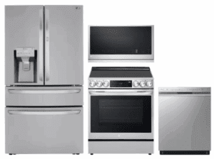 LG LGRERADWMW20947  4 Piece Kitchen Appliances Package with French Door Refrigerator, Electric Range, Dishwasher and Over the Range Microwave in Stainless Steel