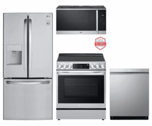 LG LGRERADWMW21292 4 Piece Kitchen Appliances Package with French Door Refrigerator, Electric Range, Dishwasher and Over the Range Microwave in Stainless Steel