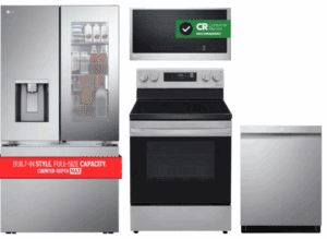 LG LGRERADWMW12520  4 Piece Kitchen Appliances Package with French Door Refrigerator, Electric Range, Dishwasher and Over the Range Microwave in Stainless Steel
