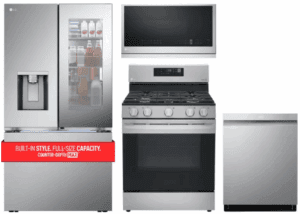 LG LGRERADWMW20973  4 Piece Kitchen Appliances Package with French Door Refrigerator, Gas Range, Dishwasher and Over the Range Microwave in Stainless Steel