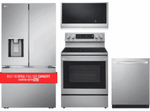 LG LGRERADWMW20976  4 Piece Kitchen Appliances Package with French Door Refrigerator, Electric Range, Dishwasher and Over the Range Microwave in Stainless Steel