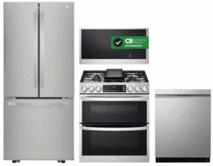 LG LGRERADWMW20962  4 Piece Kitchen Appliances Package with French Door Refrigerator, Gas Range, Dishwasher and Over the Range Microwave in Stainless Steel