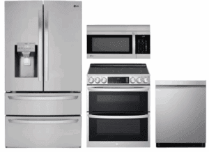 LG LGRERADWMW20958  4 Piece Kitchen Appliances Package with French Door Refrigerator, Electric Range, Dishwasher and Over the Range Microwave in Stainless Steel