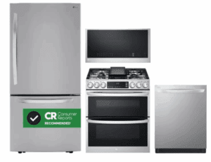 LG LGRERADWMW20957  4 Piece Kitchen Appliances Package with Bottom Freezer Refrigerator, Gas Range, Dishwasher and Over the Range Microwave in Stainless Steel