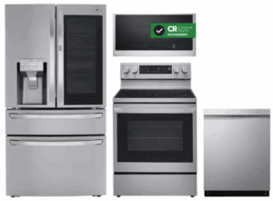 LG LGRERADWMW20955  4 Piece Kitchen Appliances Package with French Door Refrigerator, Electric Range, Dishwasher and Over the Range Microwave in Stainless Steel