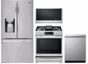 LG LGRERADWMW20949  4 Piece Kitchen Appliances Package with French Door Refrigerator, Gas Range, Dishwasher and Over the Range Microwave in Stainless Steel