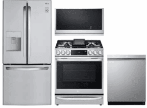 LG LGRERADWMW20944  4 Piece Kitchen Appliances Package with French Door Refrigerator, Gas Range, Dishwasher and Over the Range Microwave in Stainless Steel