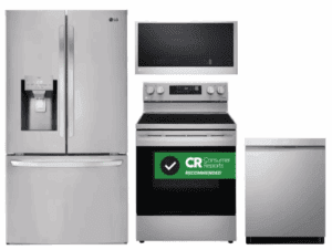 LG LGRERADWMW20932  4 Piece Kitchen Appliances Package with French Door Refrigerator, Electric Range, Dishwasher and Over the Range Microwave in Stainless Steel