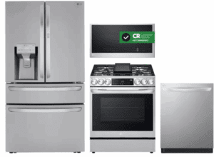 LG LGRERADWMW20930  4 Piece Kitchen Appliances Package with French Door Refrigerator, Gas Range, Dishwasher and Over the Range Microwave in Stainless Steel