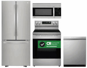 LG LGRERADWMW20928  4 Piece Kitchen Appliances Package with French Door Refrigerator, Electric Range, Dishwasher and Over the Range Microwave in Stainless Steel