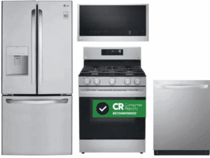 LG LGRERADWMW20927  4 Piece Kitchen Appliances Package with French Door Refrigerator, Gas Range, Dishwasher and Over the Range Microwave in Stainless Steel