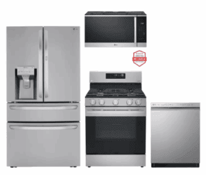 LG LGRERADWMW21284  4 Piece Kitchen Appliances Package with Side-by-Side Refrigerator, Gas Range, Dishwasher and Over the Range Microwave in Stainless Steel
