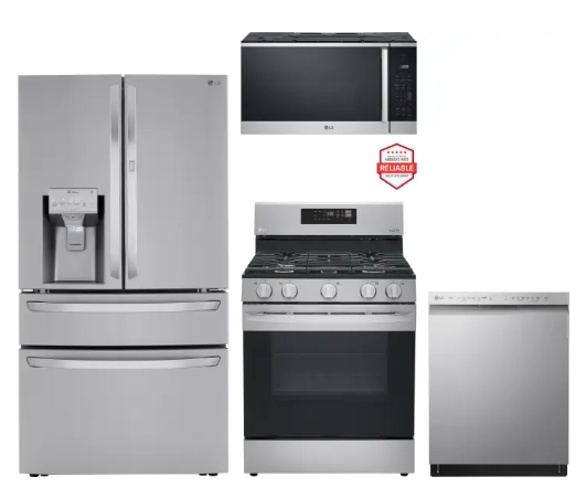 LG LGRERADWMW21285 4 Piece Kitchen Appliances Package with French Door Refrigerator, Gas Range, Dishwasher and Over the Range Microwave in Stainless Steel