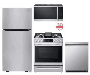 LG LGRERADWMW21282  4 Piece Kitchen Appliances Package with Top Freezer Refrigerator, Gas Range, Dishwasher and Over the Range Microwave in Stainless Steel
