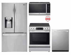 LG  LGRERADWMW21267  4 Piece Kitchen Appliances Package with French Door Refrigerator, Electric Range, Dishwasher and Over the Range Microwave in Stainless Steel