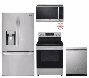 LG LGRERADWMW21265  4 Piece Kitchen Appliances Package with French Door Refrigerator, Electric Range, Dishwasher and Over the Range Microwave in Stainless Steel