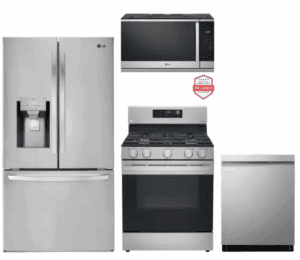 LG  LGRERADWMW21264  4 Piece Kitchen Appliances Package with French Door Refrigerator, Gas Range, Dishwasher and Over the Range Microwave in Stainless Steel
