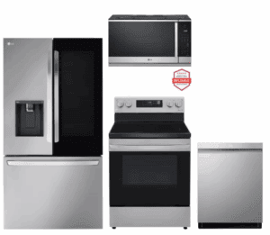 LG LGRERADWMW21262  4 Piece Kitchen Appliances Package with French Door Refrigerator, Electric Range, Dishwasher and Over the Range Microwave in Stainless Steel