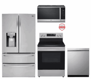 LG LGRERADWMW21259  4 Piece Kitchen Appliances Package with French Door Refrigerator, Electric Range, Dishwasher and Over the Range Microwave in Stainless Steel