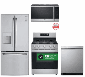 LG LGRERADWMW21258  4 Piece Kitchen Appliances Package with French Door Refrigerator, Gas Range, Dishwasher and Over the Range Microwave in Stainless Steel