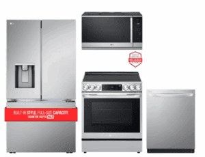 LG LGRERADWMW21257  4 Piece Kitchen Appliances Package with French Door Refrigerator, Electric Range, Dishwasher and Over the Range Microwave in Stainless Steel