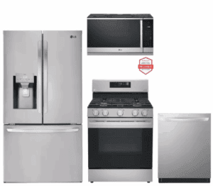 LG LGRERADWMW21248  4 Piece Kitchen Appliances Package with French Door Refrigerator, Gas Range, Dishwasher and Over the Range Microwave in Stainless Steel