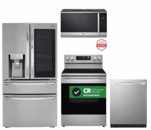 LG  LGRERADWMW21245  4 Piece Kitchen Appliances Package with French Door Refrigerator, Electric Range, Dishwasher and Over the Range Microwave in Stainless Steel
