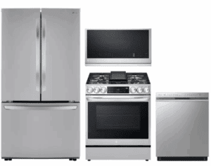 LG LGRERADWMW21235  4 Piece Kitchen Appliances Package with French Door Refrigerator, Gas Range, Dishwasher and Over the Range Microwave in Stainless Steel