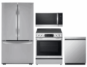 LG LGRERADWMW21227  4 Piece Kitchen Appliances Package with French Door Refrigerator, Electric Range, Dishwasher and Over the Range Microwave in Stainless Steel