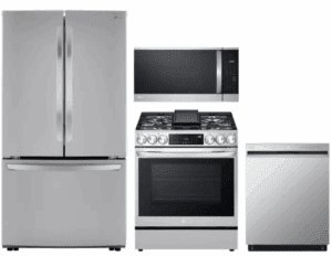 LG  LGRERADWMW21226  4 Piece Kitchen Appliances Package with French Door Refrigerator, Gas Range, Dishwasher and Over the Range Microwave in Stainless Steel