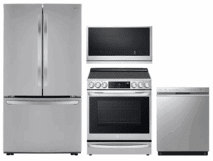 LG  LGRERADWMW21224  4 Piece Kitchen Appliances Package with French Door Refrigerator, Electric Range, Dishwasher and Over the Range Microwave in Stainless Steel